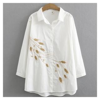 【ASister 小姊姊】春秋大尺碼中長版上衣☆高棉質*襯衫領麥穗刺繡*Plus+罩衫(白XL-4XL #AS1053 K94 2022)