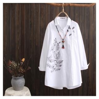 【ASister 小姊姊】春秋大尺碼中長版上衣☆高棉質*襯衫領葉子刺繡*Plus+罩衫(白 XL-4XL #AS1050 C24 8039)