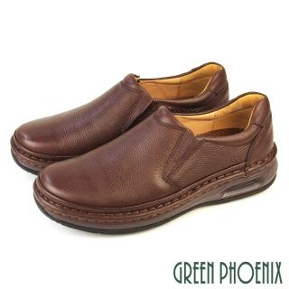 【GREEN PHOENIX 波兒德】男鞋 休閒鞋 休閒皮鞋 懶人鞋 厚底 全真皮 吸震減壓 手縫大底 商務(咖啡)