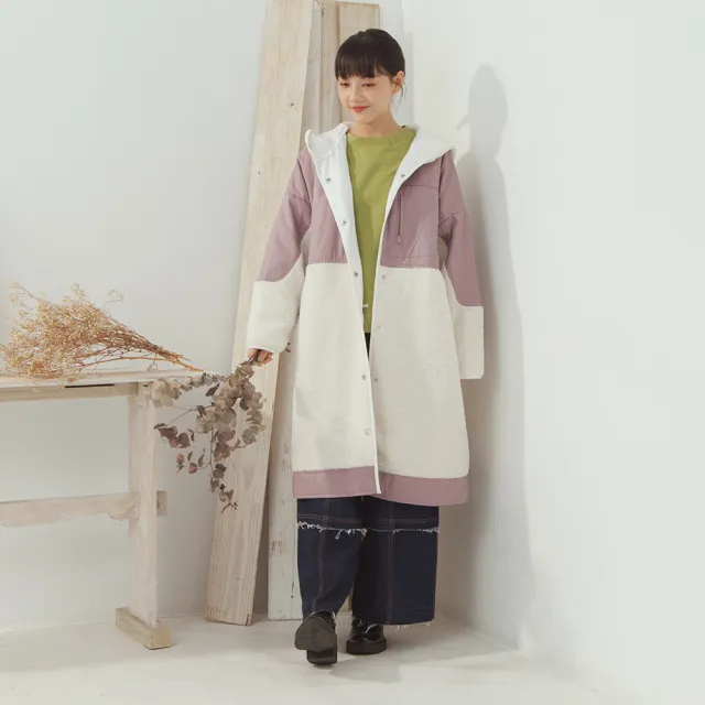 【MOSS CLUB】金屬四合釦顆粒絨毛拼接連帽長袖外套(咖 紫)
