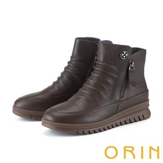 【ORIN】真皮金屬釦雙拉鏈舒適短靴(咖啡)