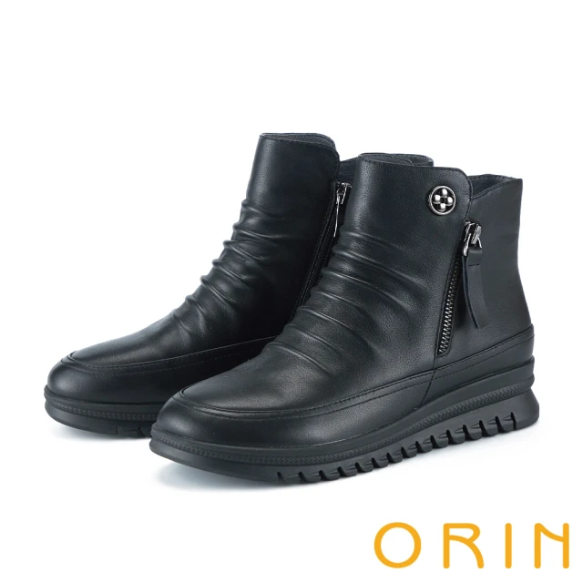 ORIN 真皮金屬釦雙拉鏈舒適短靴(黑色)