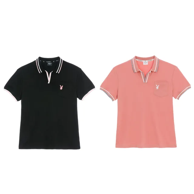 【PLAYBOY】V領配色羅紋POLO衫(粉色)