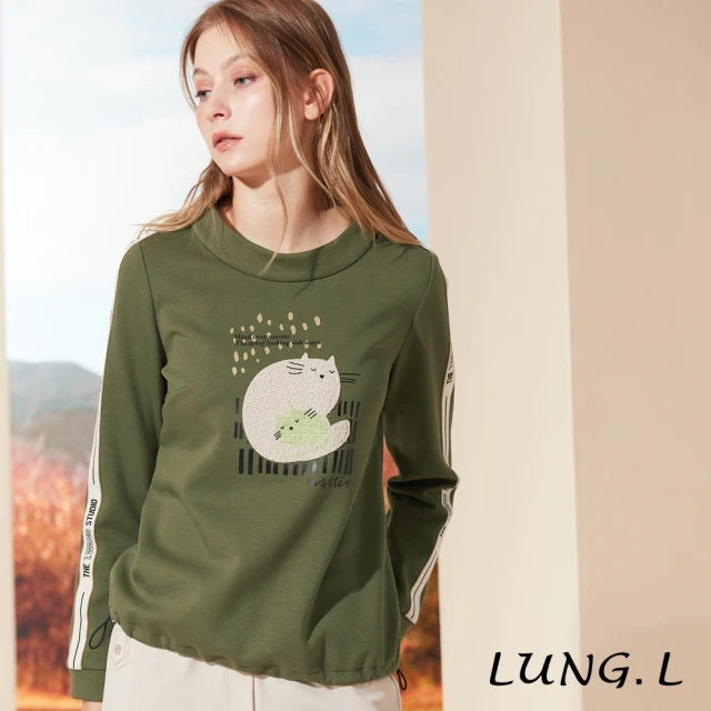 LUNG.L 林佳樺 LQ55A橄欖綠童趣貓咪印圖長袖女裝上衣(秋冬新品)