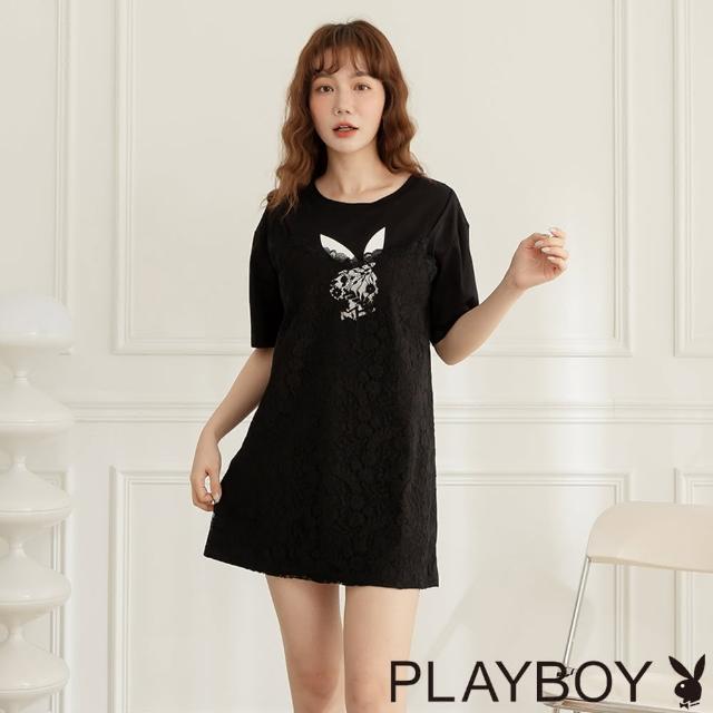 【PLAYBOY】假兩件蕾絲背心長上衣(黑色)