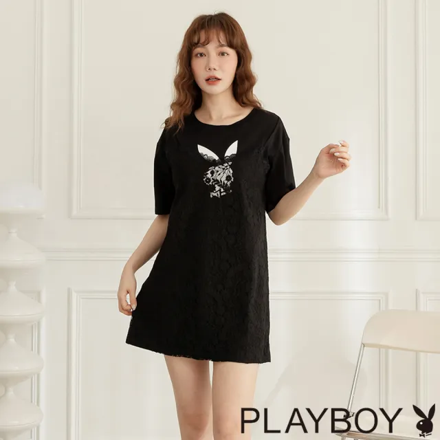 【PLAYBOY】假兩件蕾絲背心長上衣(黑色)