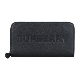【BURBERRY 巴寶莉】BURBERRY大寫壓印LOGO拉鍊荔枝紋牛皮12卡ㄇ字型長夾(黑)