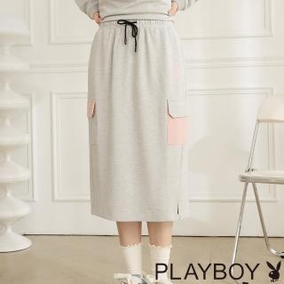 【PLAYBOY】撞色口袋修身中長裙(鴿子灰)