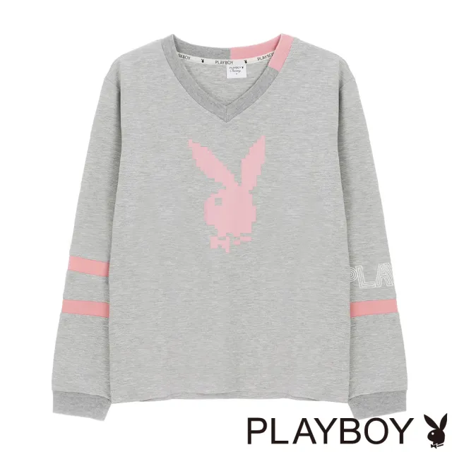【PLAYBOY】V領色塊拼開岔上衣(鴿子灰)