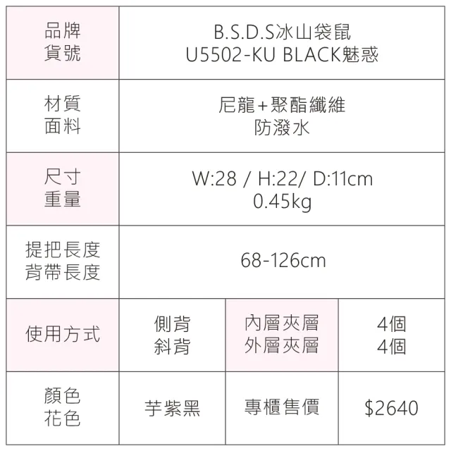 【冰山袋鼠】BLACK魅惑 - 典雅拼接多層百搭斜背包 - 芋紫黑(U5502-KU)