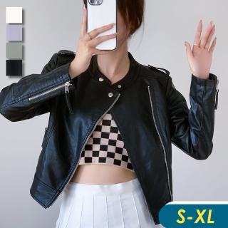 【CHACO】/預購/女春秋 皮衣外套時尚立領修身短版質感PU皮夾克外套#PY2163(PU 皮衣 夾克 女外套 女 春秋)