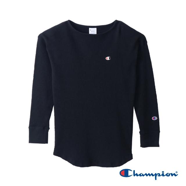 【Champion】官方直營-LEGACY 刺繡小C羅紋長袖圓領TEE/圓領上衣-女(深藍色)