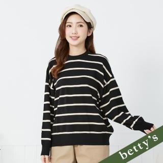 【betty’s 貝蒂思】後排釦條紋圓領長袖針織上衣(黑色)