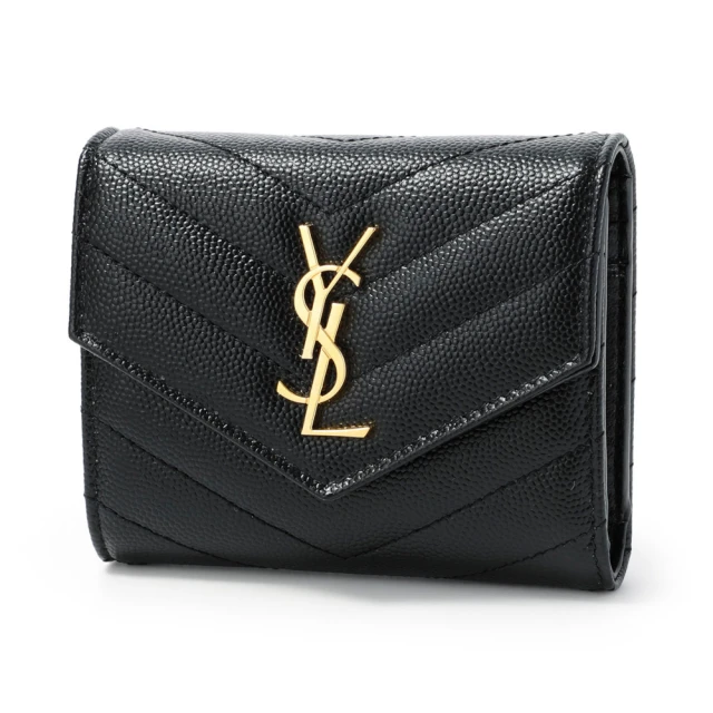 YSL SAINT LAURENT Cassandre 荔枝皮 皮革 多摺開釦 短夾 卡夾 零錢包 黑色 金色 692061