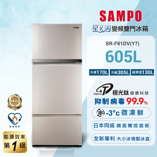 SAMPO 聲寶SAMPO 聲寶 605公升一級星美滿極光鈦旗艦變頻系列玻璃三門冰箱(SR-F61DV-Y7)