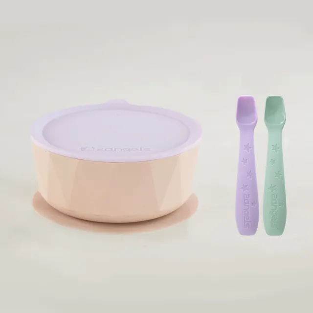 【2angels】矽膠鑽石吸盤學習碗+矽膠餵食湯匙2支_綠&紫(學齡前孩童副食品學習餐具 幼兒寶寶吸盤防漏餐碗)