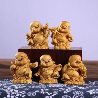 【桃花源創意工坊】福祿壽喜財笑臉彌勒佛新中式木質家居飾品桌面擺飾木雕5套組(木雕)