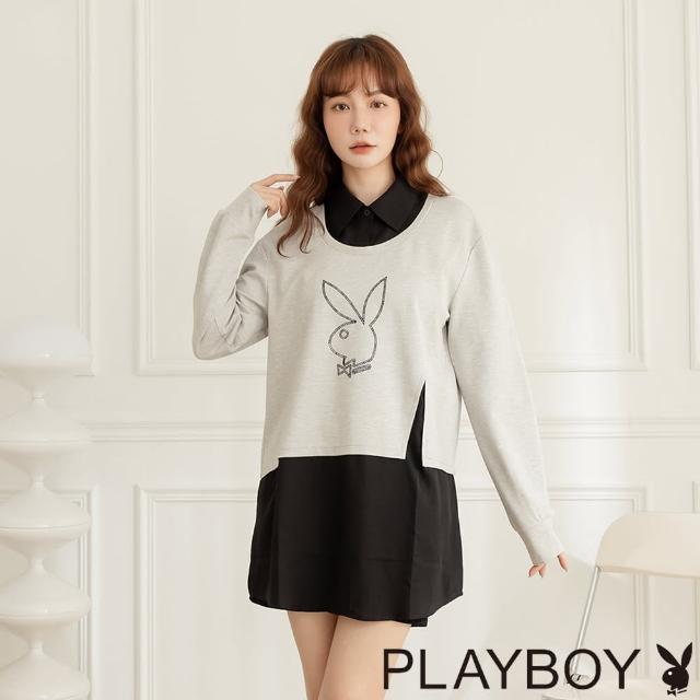 【PLAYBOY】假兩件拼接襯衫領長上衣(灰色)