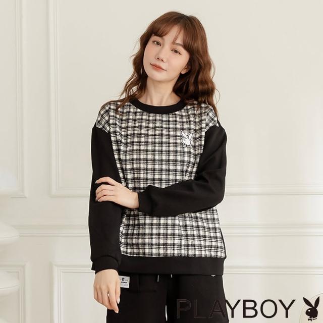 【PLAYBOY】復古黑白格紋拼接上衣(黑色)