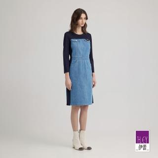 【ILEY 伊蕾】顯瘦感拼接縲縈牛仔洋裝(深藍；M-2L；1244318745)