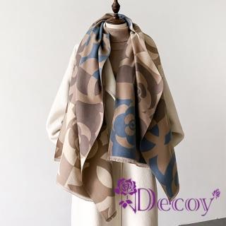 【Decoy】山茶花小香風雙面印花加厚仿羊絨保暖披肩圍巾(卡其藍)