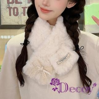 【Decoy】韓版蕾絲 蝴蝶結壓花保暖抗寒日系百搭交叉脖圍圍巾(米色)