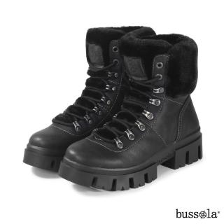 【bussola】CORVARA 時尚率性牛巴戈毛絨靴口綁帶造型短靴(黑色)