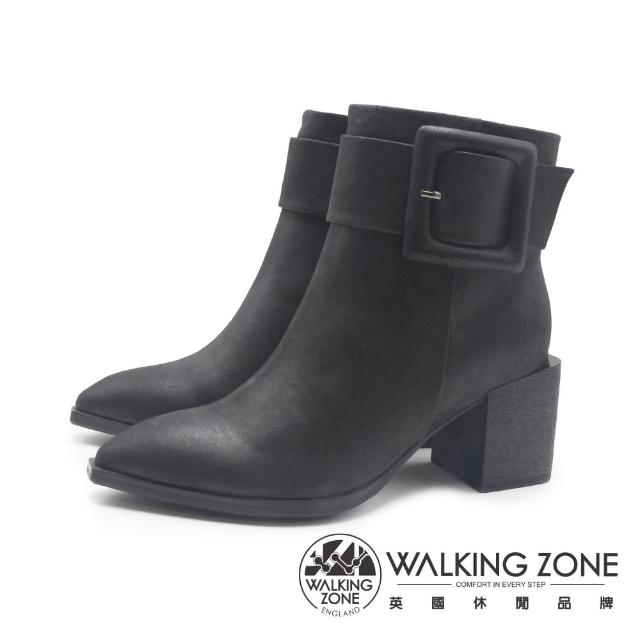【WALKING ZONE】女 牛皮尖頭粗底高跟短靴 女靴(黑)