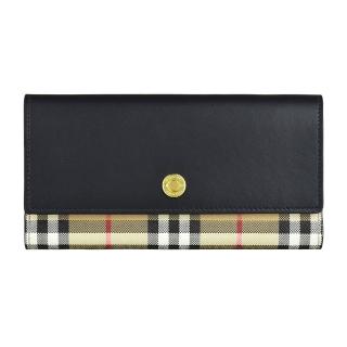 【BURBERRY 巴寶莉】BURBERRY壓印LOGO釦式格紋PVC接牛皮12卡長夾(典藏米x黑)