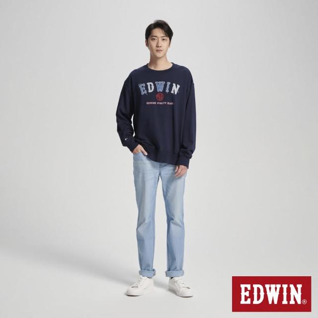 【EDWIN】男裝 BLUE TRIP 寬版印花貼布長袖T恤(丈青色)