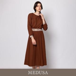 【MEDUSA 曼度莎】現貨-棕色鬆緊假兩件休閒長洋裝（M-XL）｜休閒洋裝 長袖洋裝(501-31606)