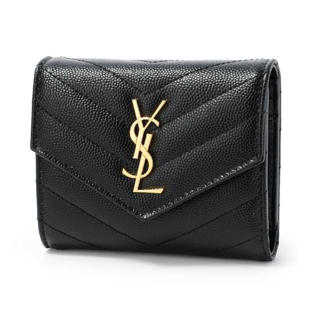 【YSL】SAINT LAURENT Cassandre 荔枝皮 皮革 多摺開釦 短夾 卡夾 零錢包 黑色 金色 692061