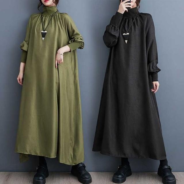 【米蘭精品】現貨+預購 洋裝長袖連身裙(時尚高領顯瘦休閒寬鬆女裙子2色74jb60)