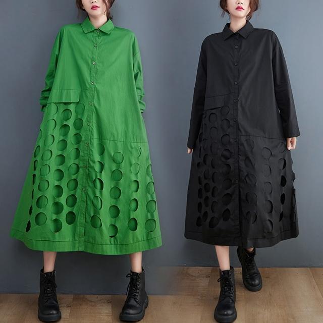 【米蘭精品】現貨+預購 洋裝長袖連身裙(日系圓圈剪裁造型女裙子2色74jb63)