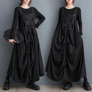 【米蘭精品】現貨+預購 洋裝長袖連身裙(大尺寸寬鬆壓褶中長背帶女裙子黑色74jb64)