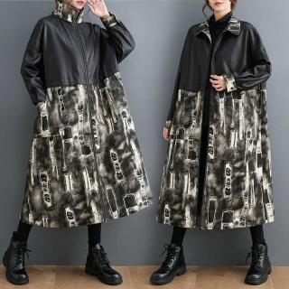 【米蘭精品】現貨+預購 風衣長版外套(PU拼接時尚拉鍊套立領女外套黑色74jb65)