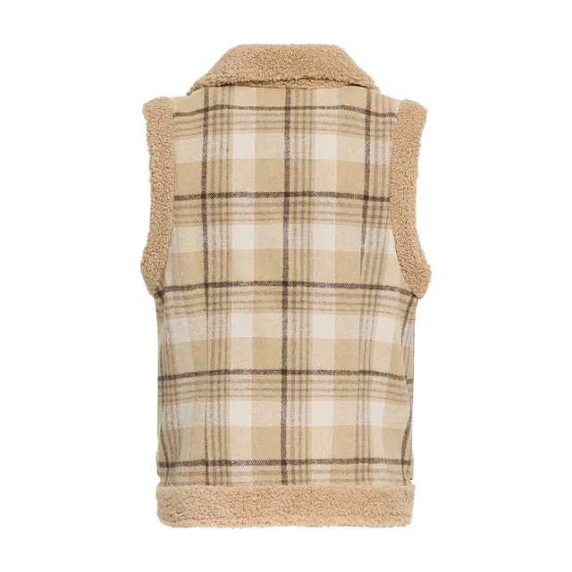 【ILEY 伊蕾】經典格紋大翻領毛絨背心(卡其；M-XL；1244533601)