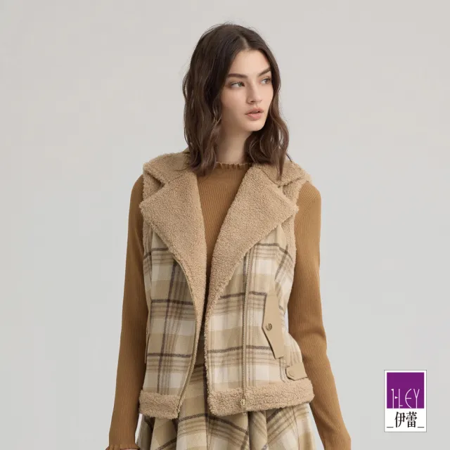 【ILEY 伊蕾】經典格紋大翻領毛絨背心(卡其；M-XL；1244533601)