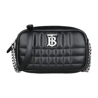 【BURBERRY 巴寶莉】BURBERRY LOLA銀字LOGO拉鍊絎縫羔羊皮斜揹包(迷你/黑)