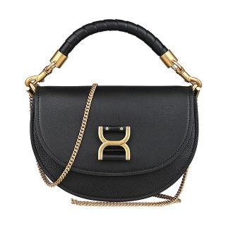 【Chloe’ 蔻依】CHLOE MARCIE LOGO翻蓋吸釦式小羊皮拼小牛皮鏈帶手提斜揹包(黑)