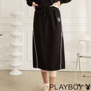 【PLAYBOY】撞色細節鬆緊腰開岔裙(黑色)