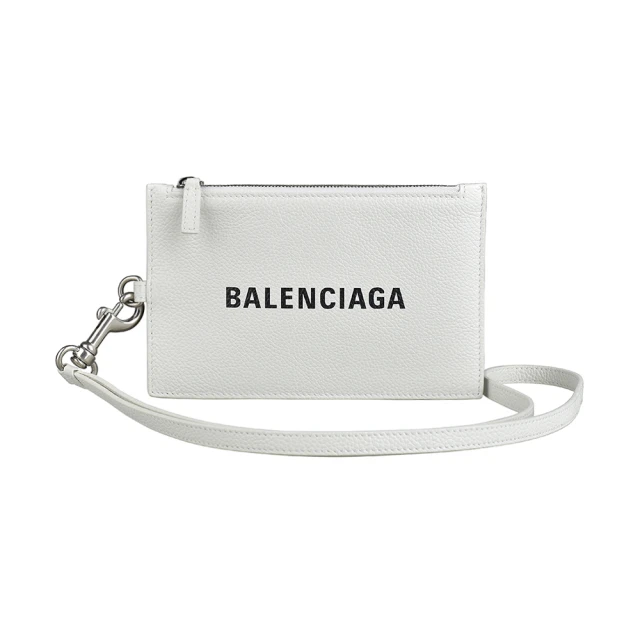 Balenciaga 巴黎世家 BALENCIAGA LOGO拉鍊小牛皮掛繩零錢卡片包(白)