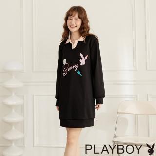 【PLAYBOY】POLO領漸變印花洋裝(黑色)