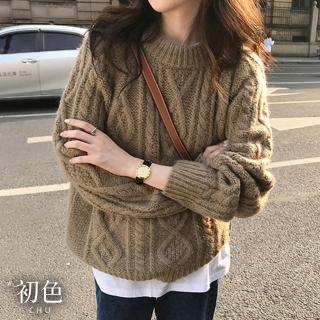 【初色】純色復古編織麻花圓領長袖加厚針織毛衣寬鬆針織衫上衣女上衣-卡其色-39437(F可選)