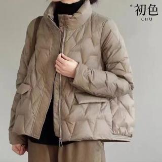【初色】韓版輕薄短款純色拉鍊口袋立領長袖科技羽絨棉服外套女外套-共6色-39431(M/L可選)