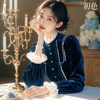 【初色】法式絲絨拼接蕾絲花邊金釦長袖襯衫上衣女上衣-藍色-39276(M-XL可選)