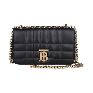 【BURBERRY 巴寶莉】BURBERRY LOLA LOGO釦式格紋小羊皮鏈帶肩背斜揹包(迷你/黑)