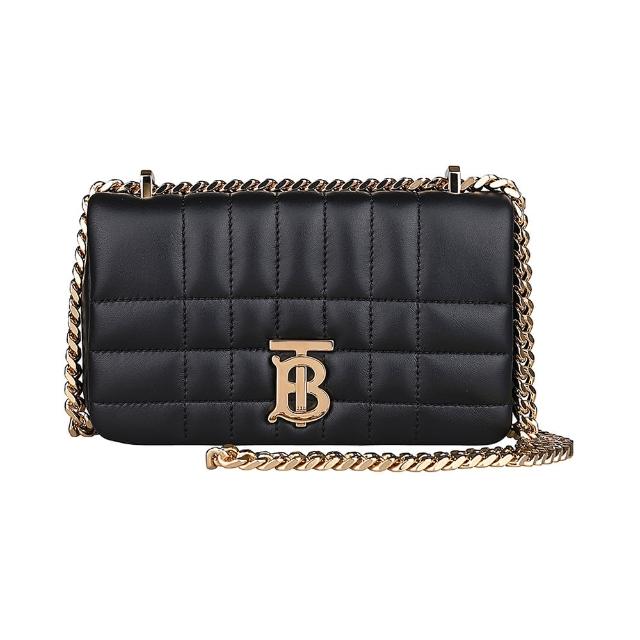 【BURBERRY 巴寶莉】BURBERRY LOLA LOGO釦式格紋小羊皮鏈帶肩背斜背包(迷你/黑)