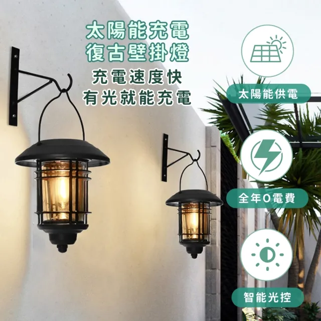 【Innatures】太陽能復古壁掛燈(太陽能壁掛燈 庭院燈 露營燈草坪LED燈籠 高亮鎢絲掛燈 裝飾燈)