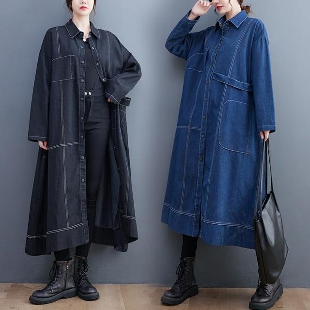 【米蘭精品】現貨+預購 風衣長版外套(顯瘦撞色明線牛仔長風衣女外套2色74jb30)